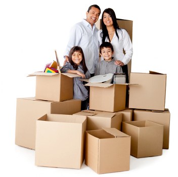 Boxes and furniture arranged for a flat move in South Wimbledon